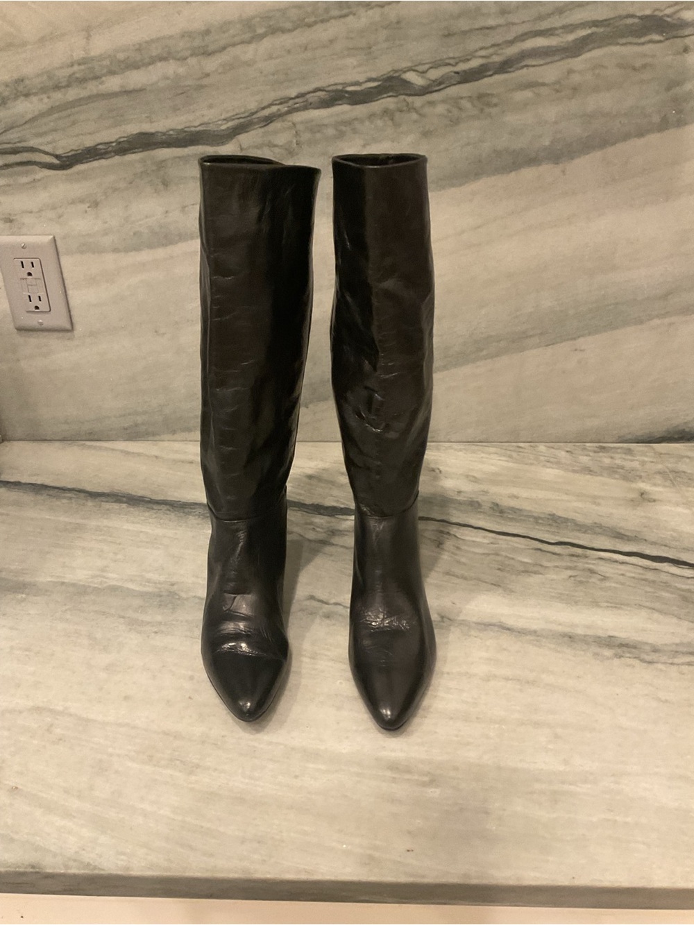 Mango Black Over-the-Knee Pointed-Toe Leather Boots